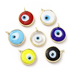 Mixed Color Handmade Evil Eye Lampwork Pendants, with Rack Plating Brass Findings, Long-Lasting Plated, Flat Round, Mixed Color, 18~19x15~16x4mm, Hole: 2mm