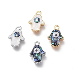 Mixed Color Natural White Shell & Black Lip Shell Charms, with Brass Findings and Cubic Zirconia, Hamsa Hand/Hand of Fatima/Hand of Miriam, Mixed Color, 12x8x3.1mm, Hole: 1.2mm
