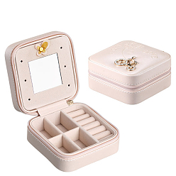 Pink PU Leather Zipper Jewelry Box, Travel Portable Mirror Jewelry Case, for Necklaces, Rings, Earrings and Pendants, Square, Pink, 10x10x5cm