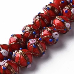 Rouge Brins de perles au chalumeau de sable d'or faites à la main, ronde avec des fleurs, rouge, 13~15x11~13mm, Trou: 1.6mm, Environ 45 pcs/chapelet, 20.47 pouces~21.06 pouces (52cm~53.5cm)