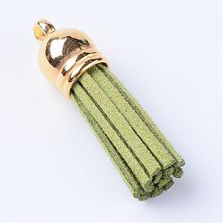 Vert Jaune Faux suède pendentif pompon décorations, avec extrémités de cordon en plastique ccb, vert jaune, 35~37x10mm, Trou: 2.5~3mm