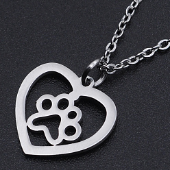 Stainless Steel Color 201 Stainless Steel Pendant Necklaces, with Cable Chains and Lobster Claw Clasps, Heart with Dog Paw Prints, Stainless Steel Color, 15.74 inch(40cm), 1.5mm