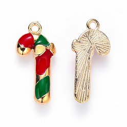 Red Alloy Enamel Pendants, for Christmas, Candy Cane, Light Gold, Red, 20x9.5x3mm, Hole: 1.4mm
