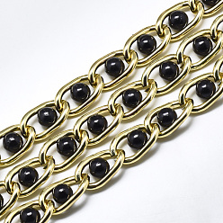 Golden Aluminium Curb Chains, with ABS Plastic Imitation Pearl, with Spool, Unwelded, Black, Golden, 17x9x2mm, Bead: 6mm, about 65.61 Feet(20m)/roll