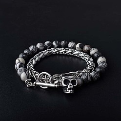 Netstone Bracelet en perles de pierre naturelle et tête de mort en acier inoxydable avec chaînes de blé, 8-1/4 pouce (21 cm)