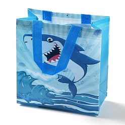 Dodger Blue Cartoon Printed Shark Non-Woven Reusable Folding Gift Bags with Handle, Portable Waterproof Shopping Bag for Gift Wrapping, Rectangle, Dodger Blue, 11x21.5x23cm, Fold: 28x21.5x0.1cm