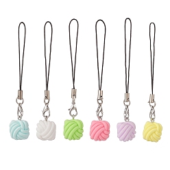 Mixed Color Square Yarn Ball Opaque Resin Mobile Strap, with Cord Loop, Alloy Lobster Claw Clasps, Mixed Color, 9.1cm, 6pcs/set