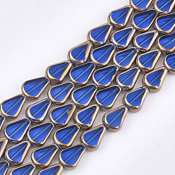Blue Electroplate Glass Beads Strands, Edge Plated, Melon Seeds, Blue, 11x8x4.5mm, Hole: 1mm, about 30pcs/strand, 12.7 inch