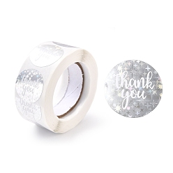 Silver Thank you Stickers Roll, Self-Adhesive Paper Gift Tag Stickers, for Party, Decorative Presents, Flat Round , Silver, 25x0.1mm, about 500pcs/roll