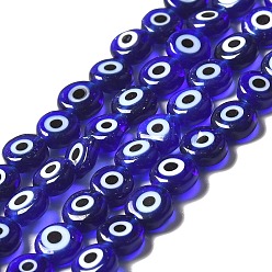 Blue Handmade Evil Eye Lampwork Flat Round Bead Strands, Blue, 6x3mm, Hole: 1mm, about 65pcs/strand, 14 inch