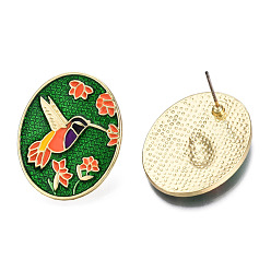 Colorful Enamel Hummingbird and Flower Stud Earrings, Alloy Jewelry for Women, Colorful, 27.5x22.5mm, Pin: 0.7mm