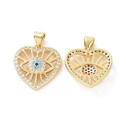 Golden Brass Micro Pave Cubic Zirconia Pendants, Heart with Evil Eye Charm, Golden, 23x18x4.5mm, Hole: 5x3mm