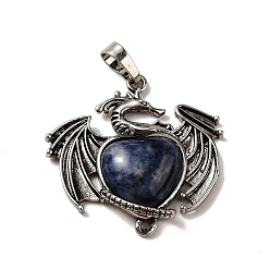Sodalite Natural Sodalite Heart Pendants, Dragon Charms, with Rack Plating Antique Silver Plated Brass Findings, Lead Free & Cadmium Free, 33x33.5~34x7~7.5mm, Hole: 8x5mm