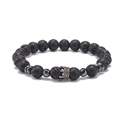 Lava Rock Natural Lava Rock & Synthetic Hematite Stretch Bracelet with Alloy Crown, Essential Oil Gemstone Jewelry for Women, Inner Diameter: 2-1/8 inch(5.5cm)