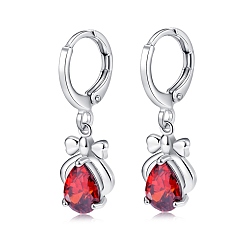 Red Platinum Tone Stainless Steel Dangle Earrings, with Cubic Zirconia, Red, 26x9mm