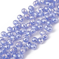 Bleu Royal Perles en verre jade d'imitation, facette, larme percée en haut, de couleur plaquée ab , bleu royal, 10x7.5~8mm, Trou: 0.8~1mm, Environ 95~100 pcs/chapelet, 23.23~26.77 (59~68 cm)