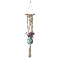 Beige Cotton Macrame Plant Hangers, Wood Holder Boho Style Hanging Planter Baskets, Wall Decorative Flower Pot Holder, Beige, 800x200mm