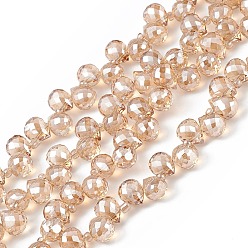 Marron Sablonneux Transparentes perles de verre de galvanoplastie brins, facette, larme percée en haut, perle plaquée lustre, Sandy Brown, 10x7.5~8mm, Trou: 0.8~1mm, Environ 95~100 pcs/chapelet, 23.23~26.77 (59~68 cm)