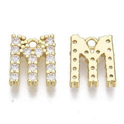 Letter M Brass Micro Pave Cubic Zirconia Charms, Nickel Free, Letter, Clear, Real 18K Gold Plated, Letter.M, 11.5x10x2.5mm, Hole: 1.2mm