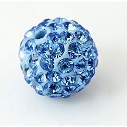 Light Sapphire Polymer Clay Rhinestone Beads, Pave Disco Ball Beads, Grade A, Half Drilled, Round, Light Sapphire, PP9(1.5.~1.6mm), 6mm, Hole: 1.2mm