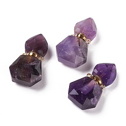 Amethyst Hexagon Natural Amethyst Perfume Bottle Pendants, with 304 Stainless Steel Findings, Faceted, Golden, 27~27.5x16~17x8mm, Hole: 1.4mm, Capacity: 0.1ml(0.00fl. oz)