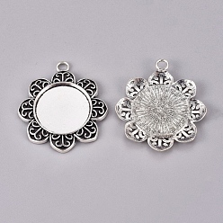 Antique Silver Tibetan Style Pendant Cabochon Settings, Cadmium Free & Lead Free, Flower, Antique Silver, Tray: 21x21mm, 38x35.5x3mm, Hole: 3.5mm