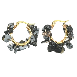 Snowflake Obsidian Natural Snowflake Obsidian Chips Braided Hoop Earrings, 304 Stainless Steel Wire Wrap Jewelry for Women, 25~27x28~33x7~9mm, Pin: 0.6mm