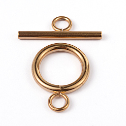 Golden Ion Plating(IP) 304 Stainless Steel Toggle Clasps, Ring, Golden, Ring: 19x14x2mm, Bar: 20x7x2mm, Hole: 3mm