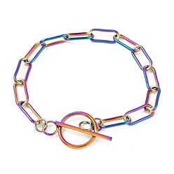 Rainbow Color Unisex Vacuum Plating 304 Stainless Steel Paperclip Chain Bracelets, with Toggle Clasps, Rainbow Color, 8-7/8 inch(22.5cm)