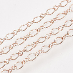 Rose Gold Brass Figaro Chains, Figure 8 Chains, with Spool, Soldered, Rose Gold, 4x3.7x0.4mm and 3.5x2x0.4mm, about 100yard/roll