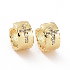 Claro Aros gruesos con cruz de circonita cúbica, joyas de latón dorado para mujer, Claro, 14.5x13.5~14x8 mm, pin: 0.8 mm
