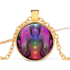 Golden Chakra Theme Yoga Human Glass Pendant Necklace, Alloy Jewelry for Women, Golden, 15.75 inch~19.72 inch(40~50.1cm)