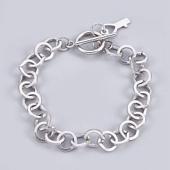 Stainless Steel Color 304 Stainless Steel Cable Chain Bracelets, with Toggle Clasps and Key Shape Charm, Stainless Steel Color, 7-5/8 inch(19.5cm), 9mm