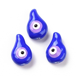 Bleu Perles d'émail, avec abs en plastique imitation perle à l'intérieur, goutte d'eau avec mauvais oeil, bleu, 18x11.5x9mm, Trou: 0.9mm