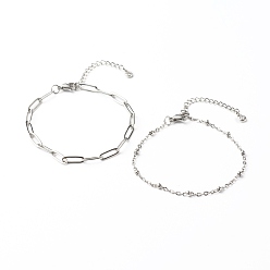 Stainless Steel Color 304 Stainless Steel Paperclip & Satellite Chains Bracelet Set, Stainless Steel Color, 7-1/2 inch(19cm), 2pcs/set