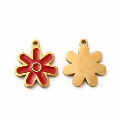 Red Ion Plating(IP) 304 Stainless Steel Charms, with Enamel, Flower, Red, 14x12x1mm, Hole: 1.2mm