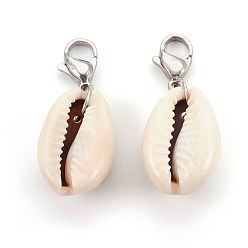 Stainless Steel Color Cowrie Shell Pendant Decorations, with 304 Stainless Steel Lobster Claw Clasps, Stainless Steel Color, 32~35mm, Pendant: 19~21x13~14x8~10mm