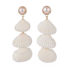 Golden Natural Spiral Shell & Shell Pearl Dangle Stud Earrings, Brass Long Drop Earrings for Women, Golden, 65mm, Pin: 0.6mm