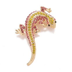 Rosa Claro Insignia de lagarto de diamantes de imitación, pin de solapa de aleación animal para ropa de mochila, dorado, rosa luz, 56x37x6.5 mm, pin: 0.7 mm