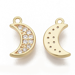 Real 18K Gold Plated Brass Micro Pave Cubic Zirconia Charms, Nickel Free, Moon, Clear, Real 18K Gold Plated, 11x6.5x1.5mm, Hole: 1mm