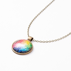 Others Rainbow Pride Necklace, Flat Round with Pattern Pendant Necklace for Men Women, Antique Bronze, Bubble Pattern, 20.08 inch(51cm) 