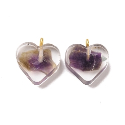Dark Orchid Transparent Resin Natural Amethyst Dyed Chips Pendants, with Golden Tone Brass Loops, Heart Charm, Dark Orchid, 16.5x15.5x6~6.5mm, Hole: 2mm
