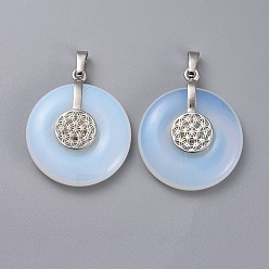 Opalite Opalite  Pendants, with Platinum Tone Brass Findings, Donut/Pi Disc with Flower, 35.5x30x8.5~9.5mm, Hole: 4.5x6.5mm