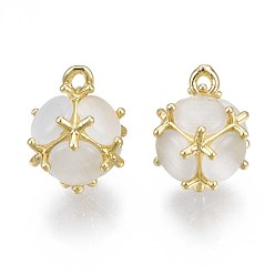 Real 18K Gold Plated Creamy White Imitation Cat Eye Resin Charms, with Rack Plating Brass Findings, Nickel Free, Round, Real 18K Gold Plated, 13.5x10x11mm, Hole: 1.2mm