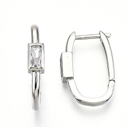 Платина Серьга-кольцо Huggie из латуни с прозрачным фианитом и прозрачным фианитом, без никеля , овал с прямоугольником, платина, 21.5x4.5x14.5 мм, штифты : 1.2 мм