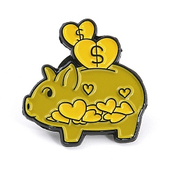 Cerdo Alfileres de esmalte de estilo de dibujos animados, Insignia de aleación negra para ropa de mochila., Banco de dinero, cerdo y corazon, 22.5x22x1 mm