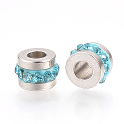 Aigue-marine 201 perles de strass en acier inoxydable, colonne, aigue-marine, 7x5mm, Trou: 3mm