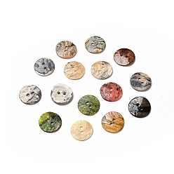 Mixed Color Mother of Pearl Buttons, Akoya Shell Button, Dyed, Flat Round, Mixed Color, 15x1mm, Hole: 1.5mm
