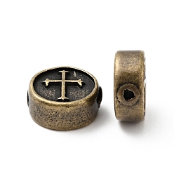 Antique Bronze 304 Stainless Steel Beads, Flat Round with Cross, Antique Bronze, 10.5x4.5mm, Hole: 1.6mm