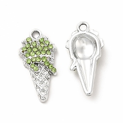 Olivino Colgantes de diamantes de imitación de aleación ecológica con revestimiento en rack, encanto de cono de helado, Platino, olivino, 18x9x3.5 mm, agujero: 1.6 mm